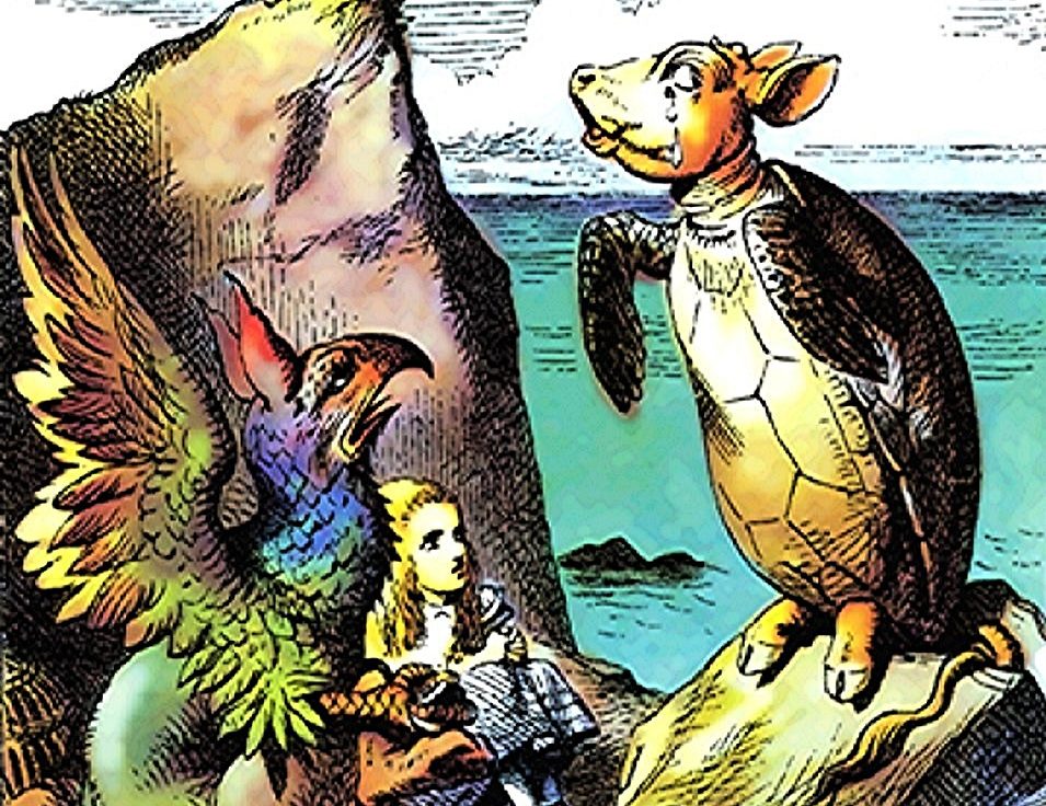 Mock Turtle, Gryphon, and Alice, Sir John Tenniel 1, colourised, public domain