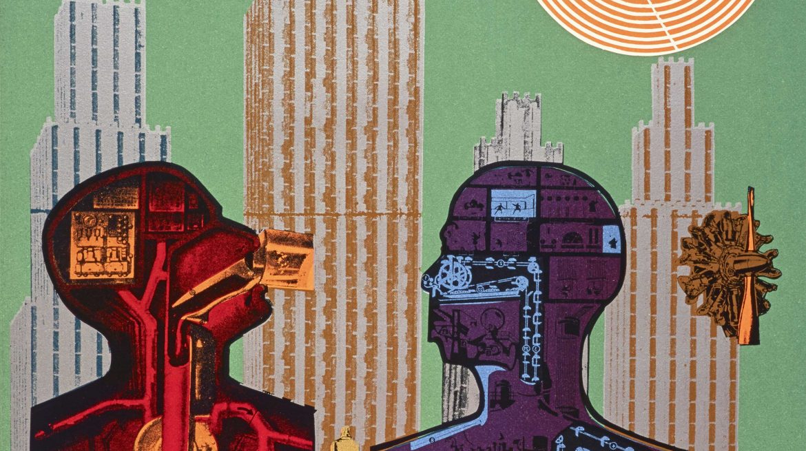 A detail from Eduardo Paolozzi, Wittgenstein in New York (from the series As is When), 1965. This is a screen-print on paper. The outline of two busts face each other in profile, their insides made up of machinery. The figure on the right is purple and blue while the one on the left is red and orange and tilts its head slightly upwards. Behind, skyscrapers emerge against a green backdrop.