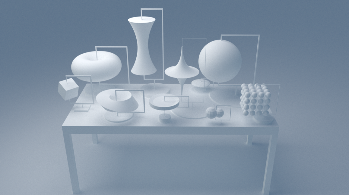 Otherworlds, a digital image of white rounded and geometric shapes on display stands